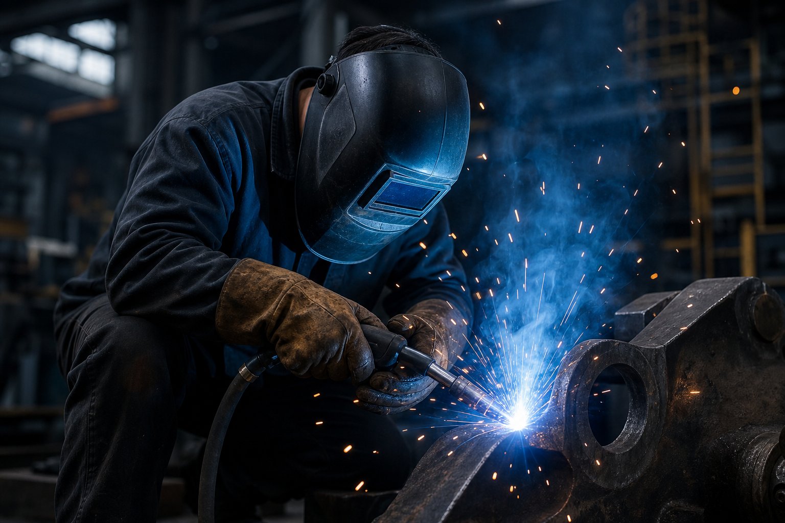 Ağır makine metal aksamında kaynak yapan usta